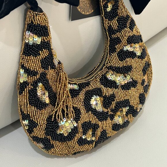 Handmade India Tik Tok Viral Beaded Sequin Leopard Handbag Velvet Bow Handle NWT - Picture 5 of 5